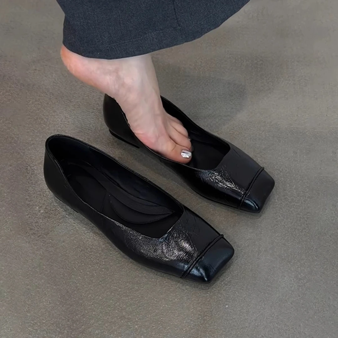 牛皮版~黑色复古显瘦舒适通勤平底鞋女极简方头一脚蹬小单鞋