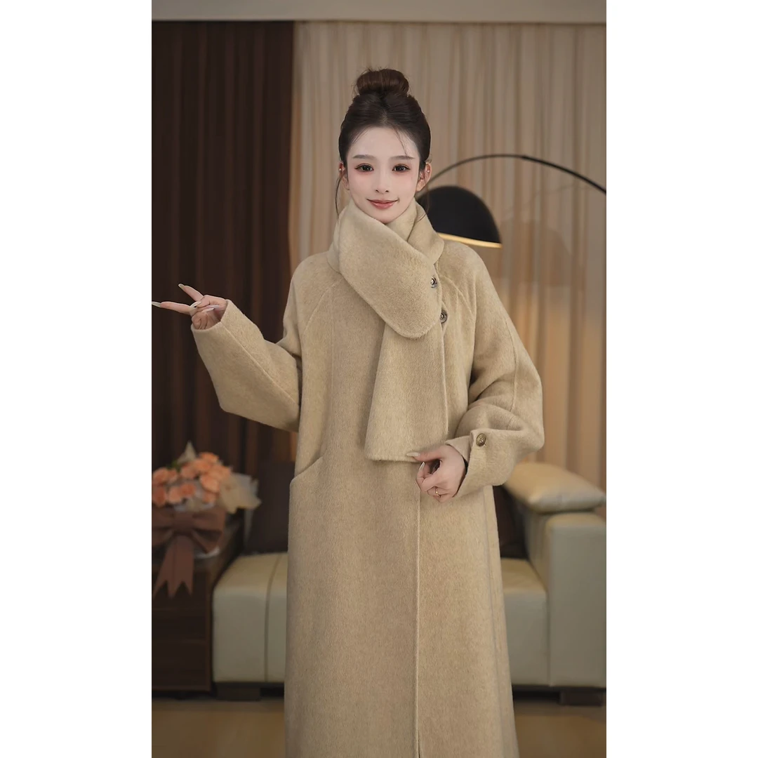 圣逸“羊驼毛”宽松百搭原创设计围巾款羊毛双面手缝大衣女