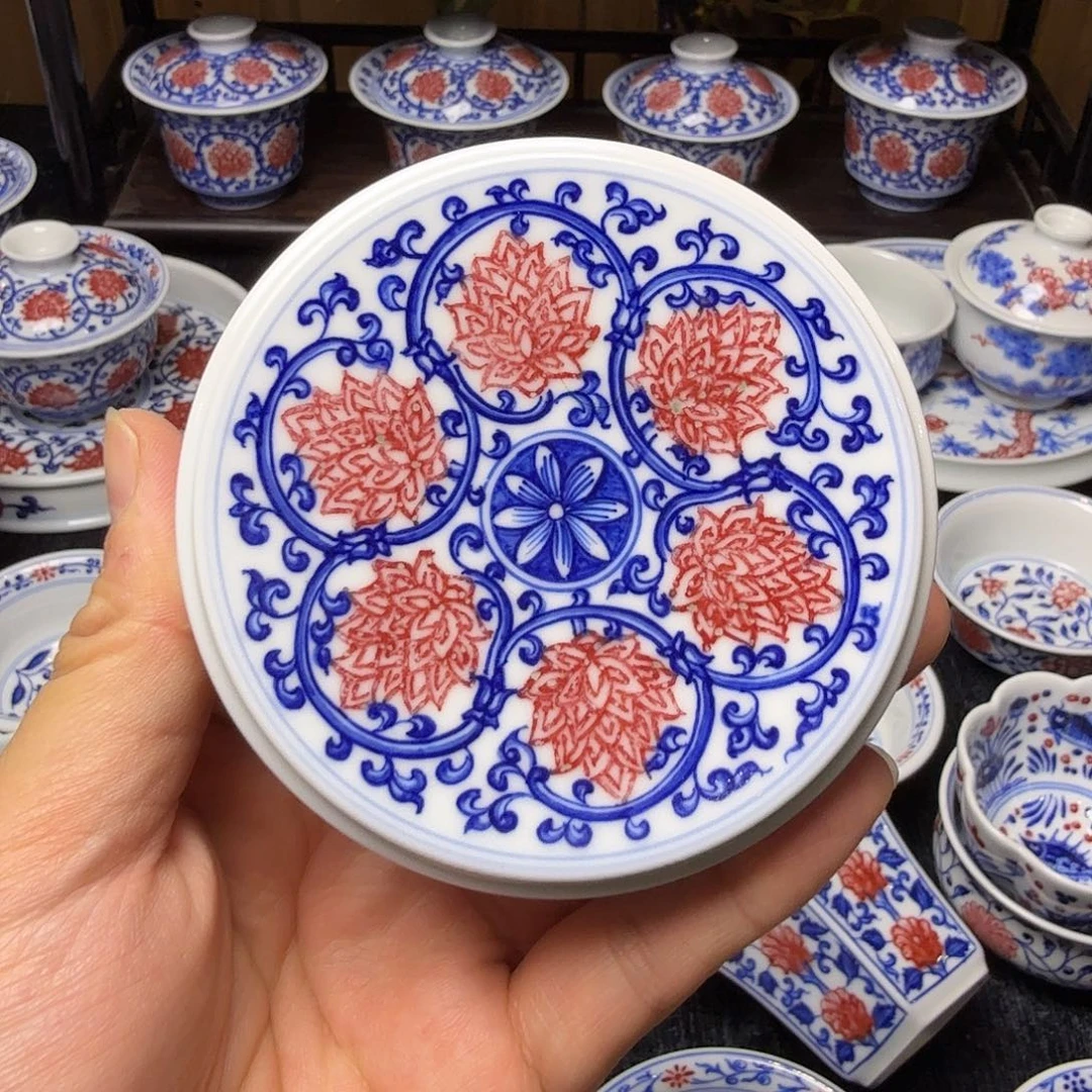 青花釉里红金刚莲盖置