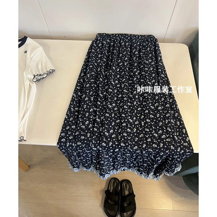 REKAYYAT“木兰”夏季新品简约时尚洋气减龄松紧腰花边碎花半身裙