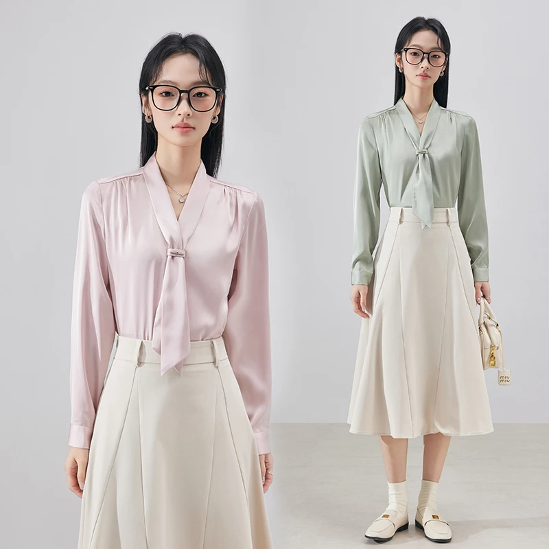 粉色V领雪纺衬衫女上衣2025新款高级感职业衬衣面试套装裙秋1848