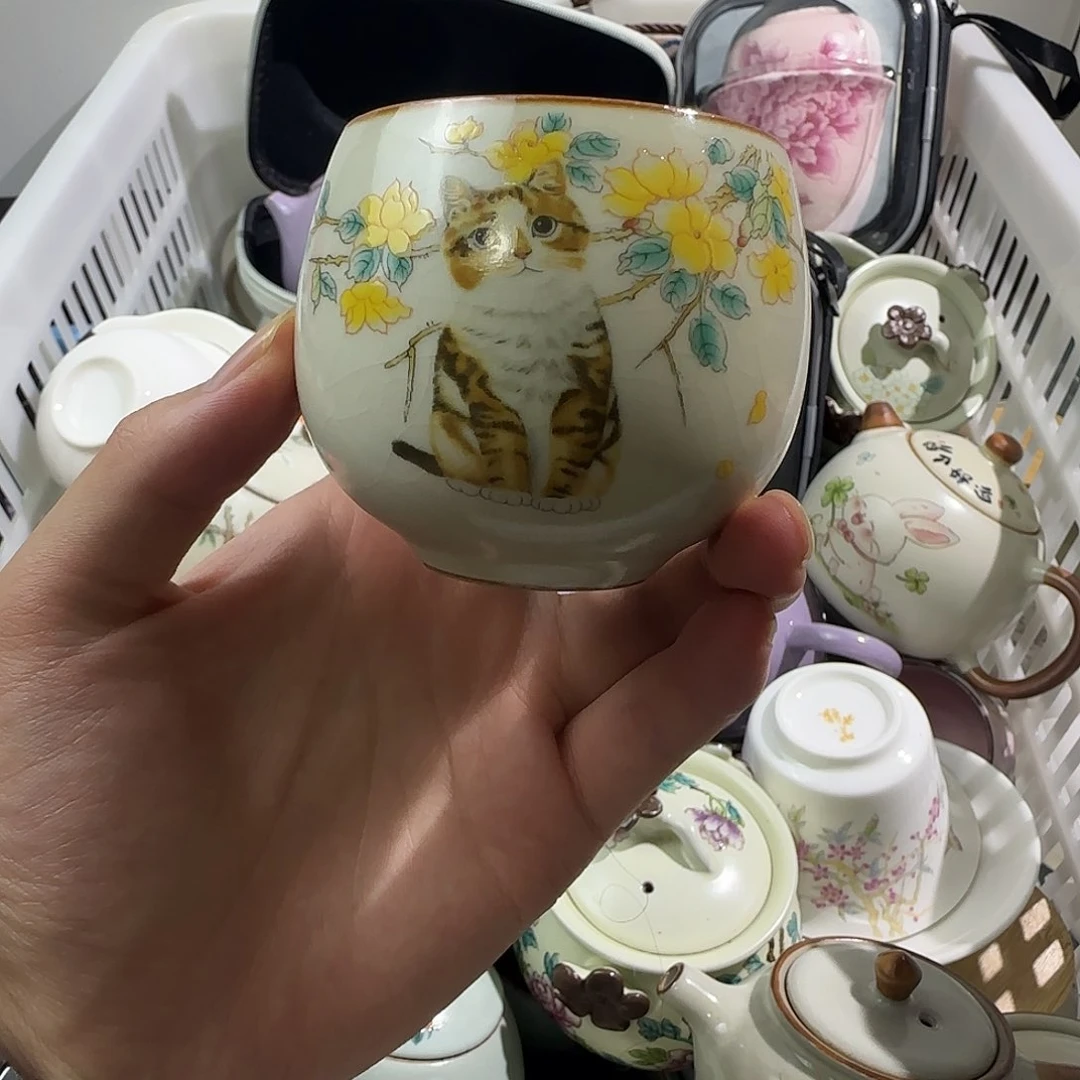 瓷片汝窑开片猫咪龙蛋杯