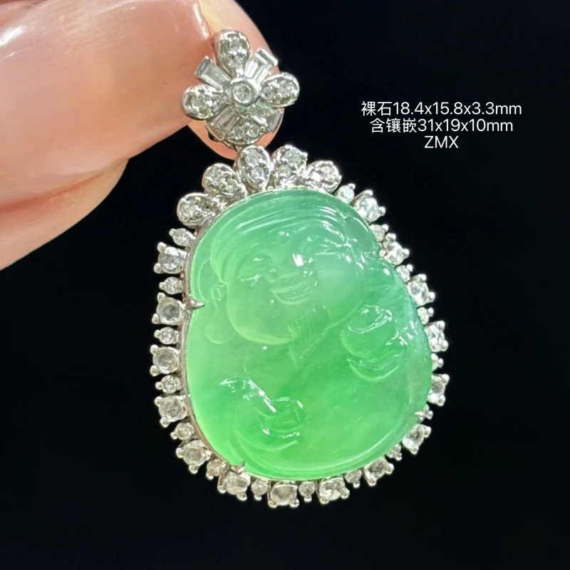 18K金镶嵌缅甸天然翡翠A货冰飘绿花财神吊坠ZXM（下单咨询客服）