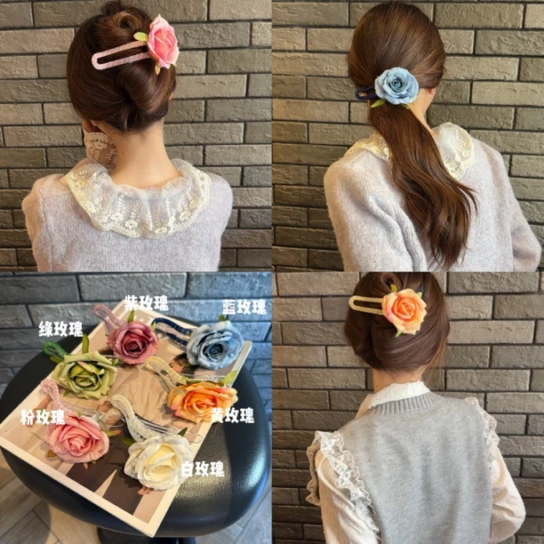 浪漫不渝～仿真玫瑰花朵鸭嘴夹春夏氛围感花朵发夹甜美后脑勺发饰