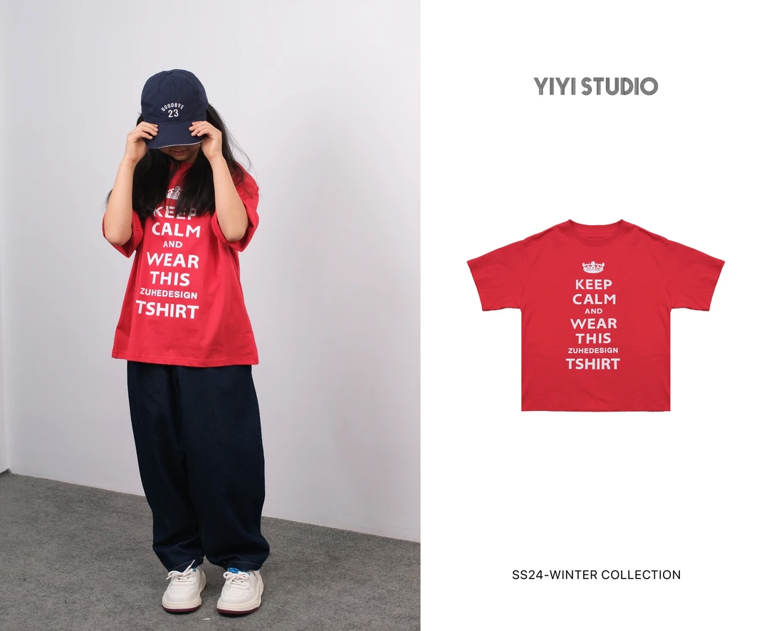 YiYi 童装红色多排字母短袖T恤0443