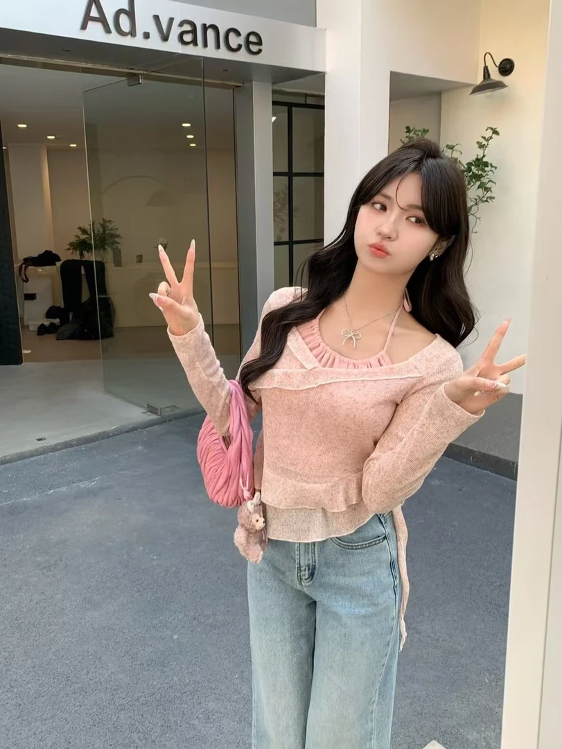 UM 甜心轰炸 粉色挂脖假两件荷叶边上衣