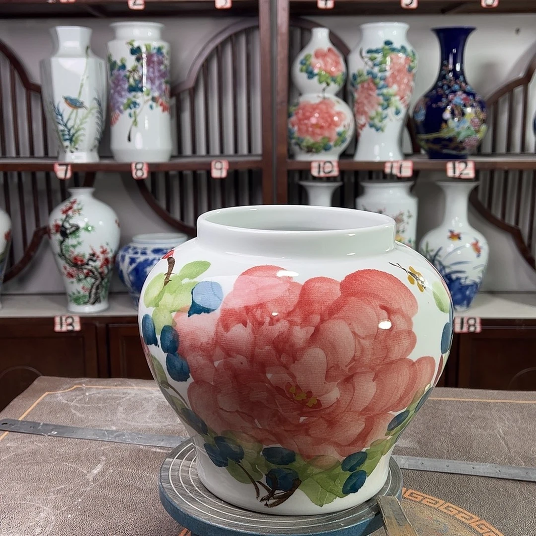 摆件陶景德镇陶瓷大口红牡花