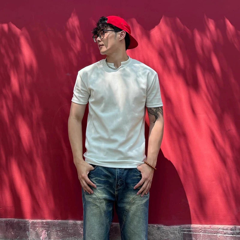 收袖口v领正肩t恤男夏季青少年酷帅短袖健身运动显肌肉重磅半袖