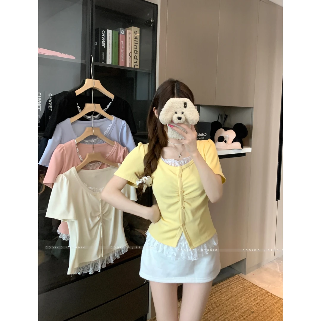 【优芭拉】大码夏季胖mm设计感韩系穿搭蕾丝假两件短袖打底衫T恤女