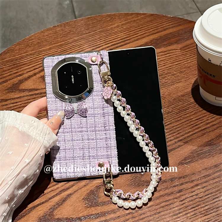 适用华为mate x7手机壳x5折叠中轴x6典藏版小香风紫色绒布蝴蝶结