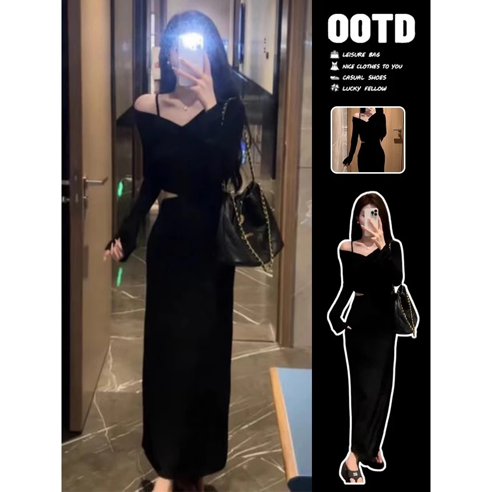 黑色长袖连衣裙子女装早秋季穿搭2025新款初秋韩系氛围感包臀长裙