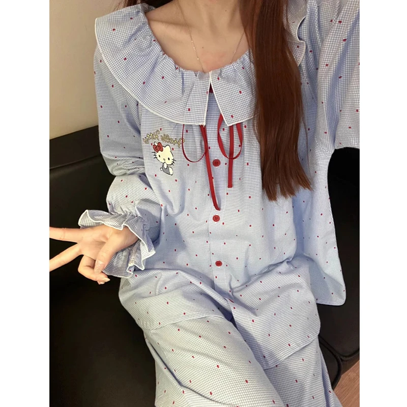 少女甜美可爱卡通HelloKitty娃娃领公主风睡衣女春秋格子家居服