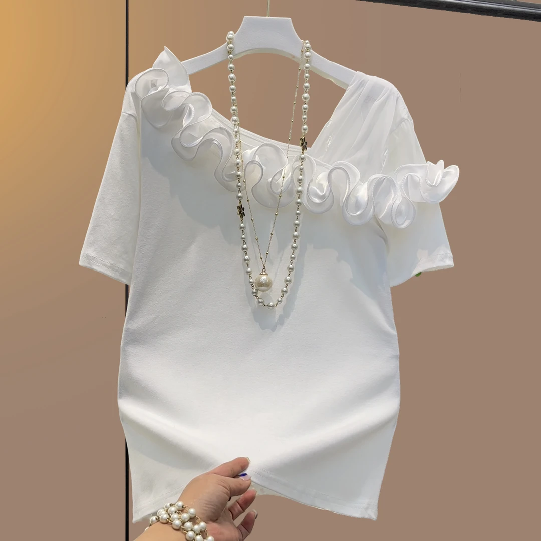 大码女装胖妹妹夏季短袖常规款不规则短袖T恤时尚荷叶边气质宽松