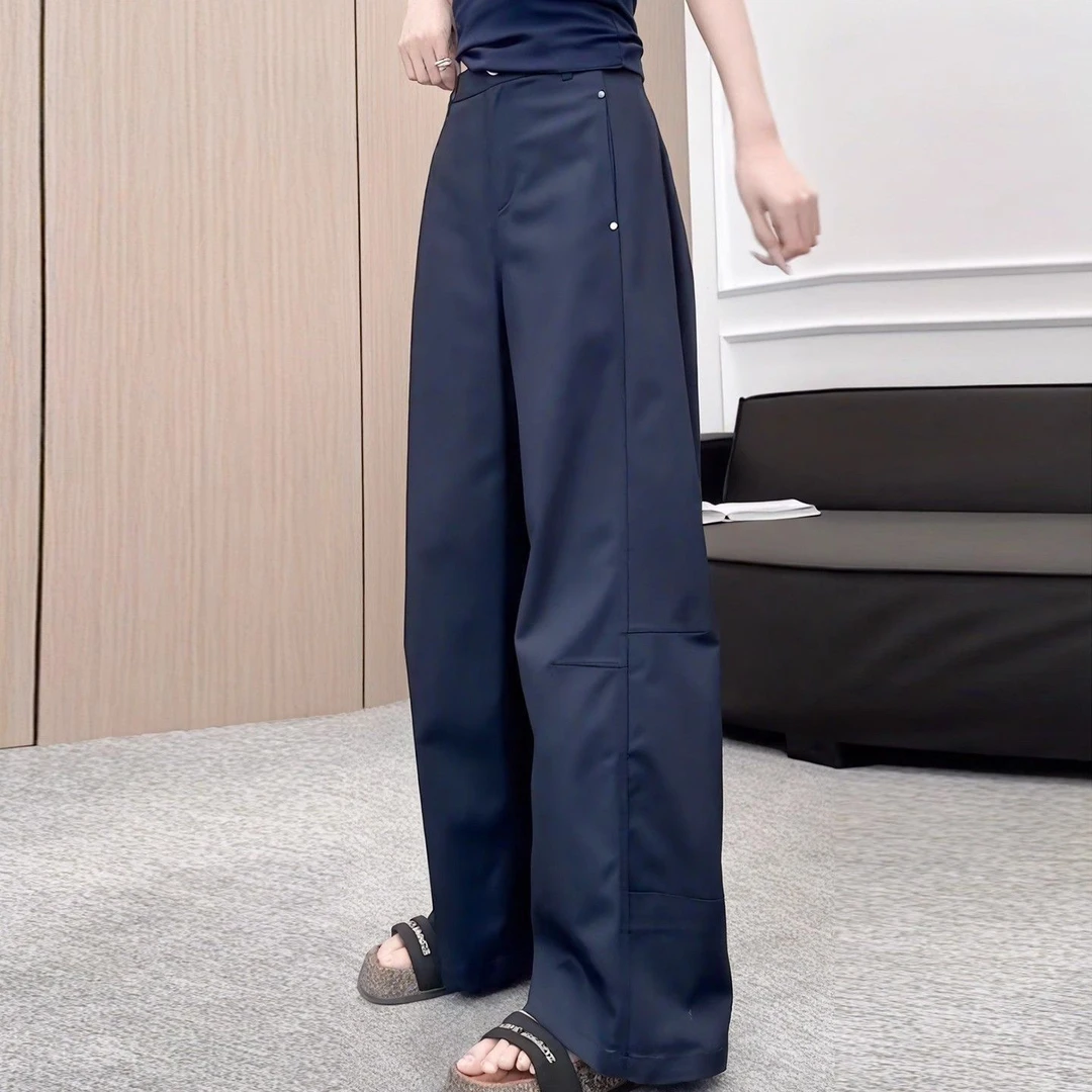 藏青色美式钉扣阔腿裤女秋冬大码胖mm简约百搭显瘦高腰休闲拖地裤
