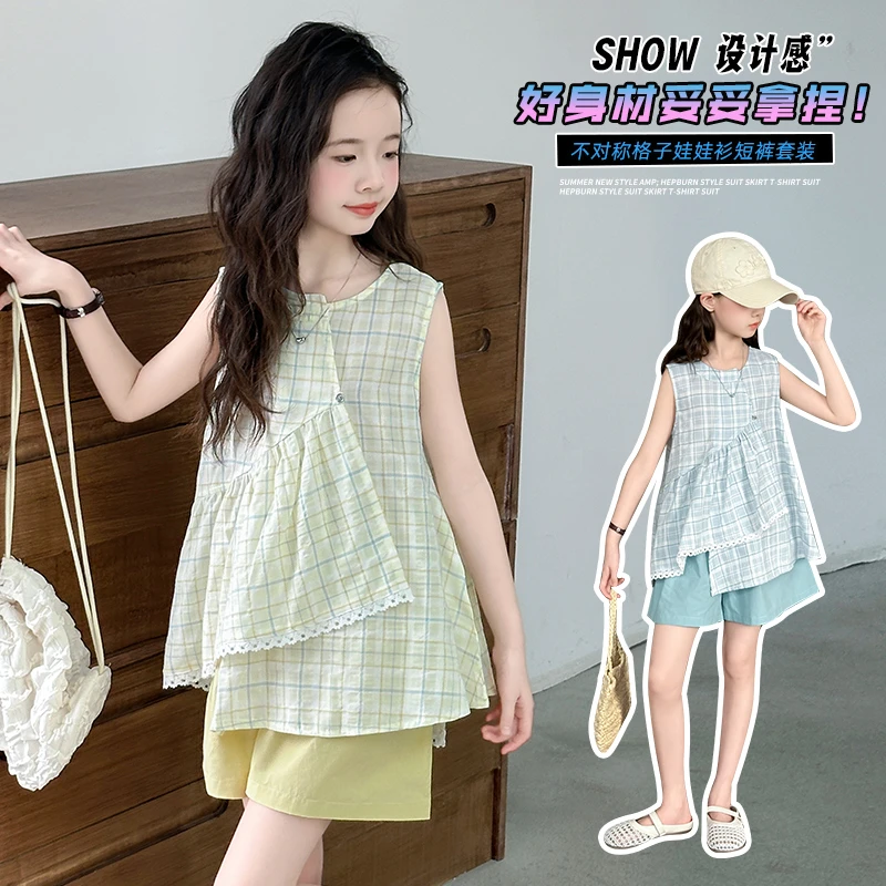 女童夏季韩系甜美套装6-12岁女大童新款不规则两件套女孩韩版休闲