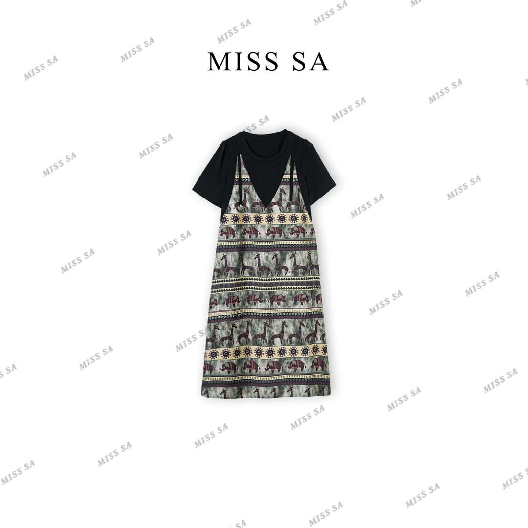 MISS SA 夏款气质时尚洋气设计款假两件显瘦印花连衣裙 25058808