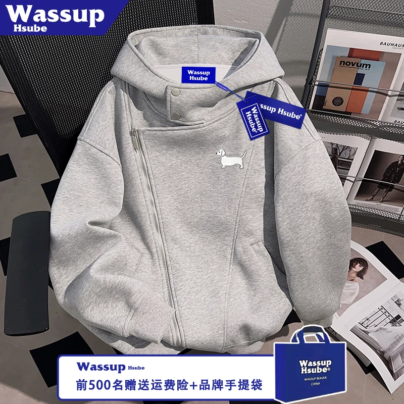 WASSUP HSUBE小狗印花外套男女时尚拉链卫衣秋冬加绒连帽浅灰开衫