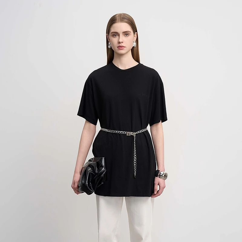 sdeer圣迪奥女装时尚休闲百搭简约圆领撞色拼接长款T恤S252Z0101