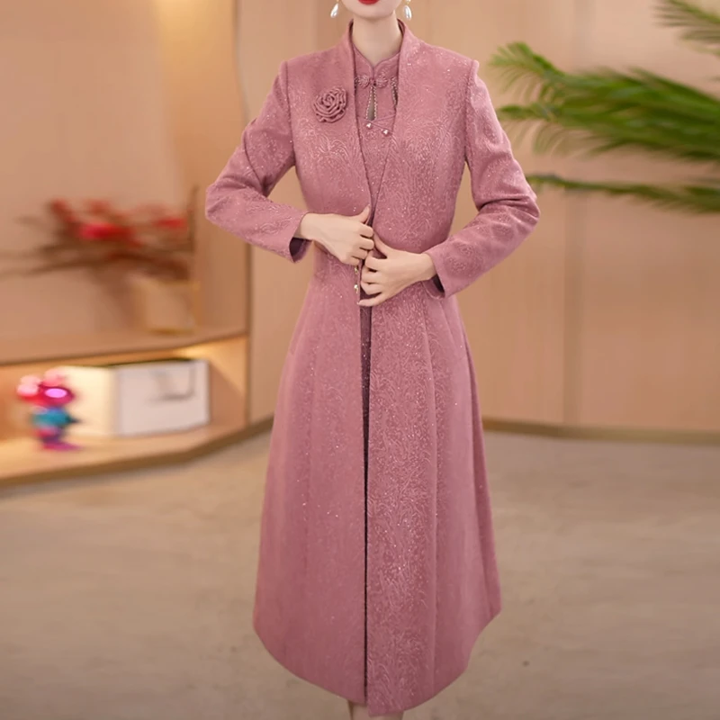 宸紫粉色两件套连衣裙2025年秋季新款女装中长款风衣外套裙子套装
