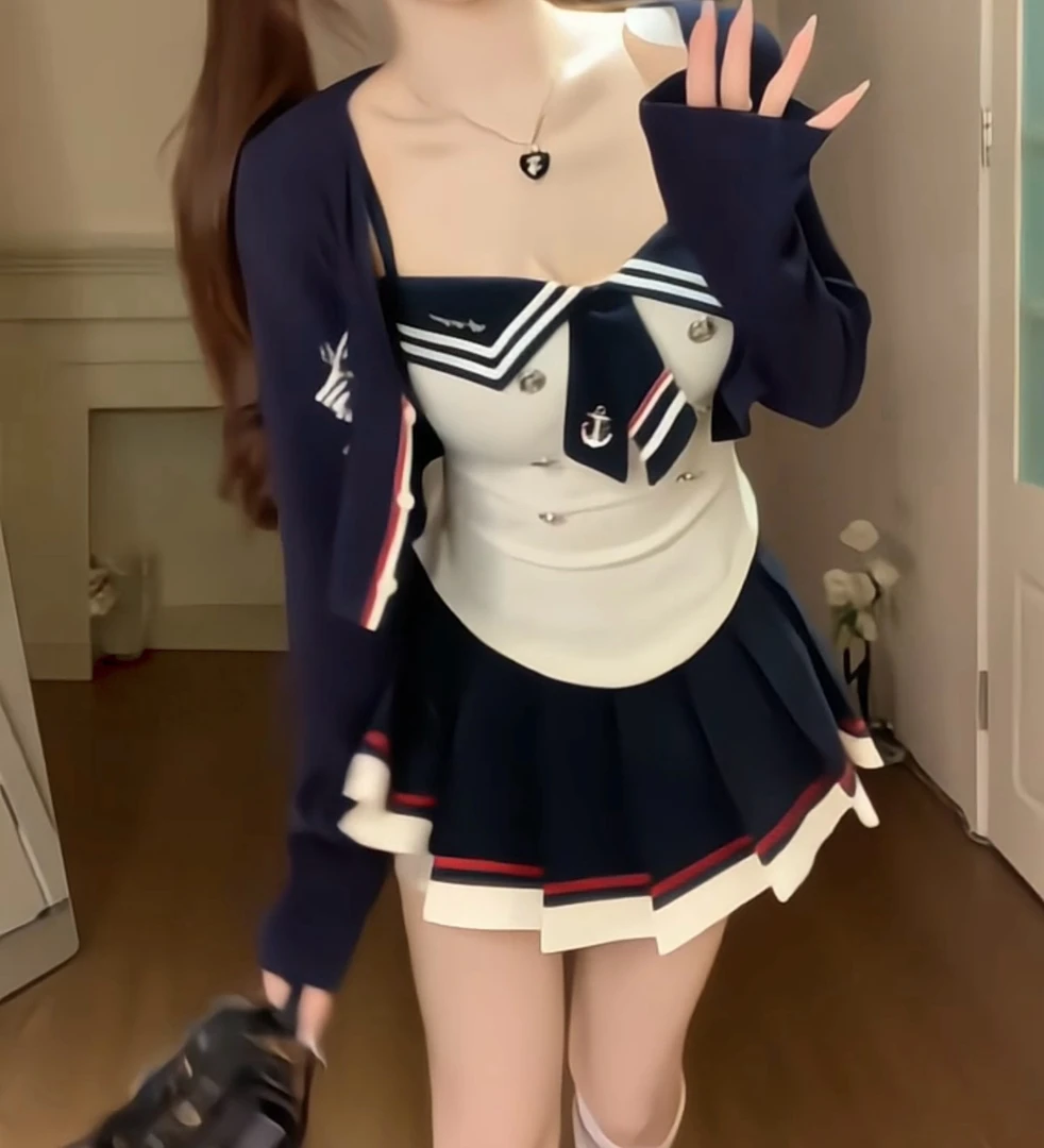 航海恋人 秋季新款纯欲学院风甜美可爱出游显瘦吊带背心短裙开衫