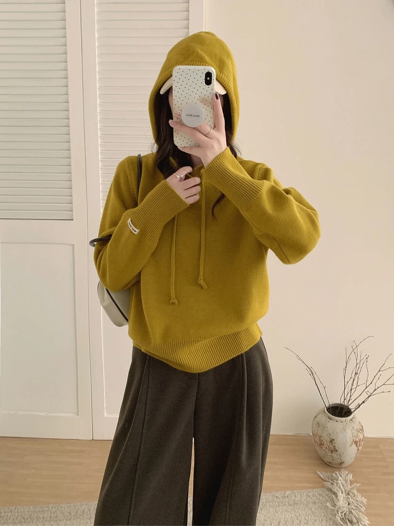 秋冬新款女韩版宽松时尚纯色连帽针织衫百搭休闲保暖套头毛衣