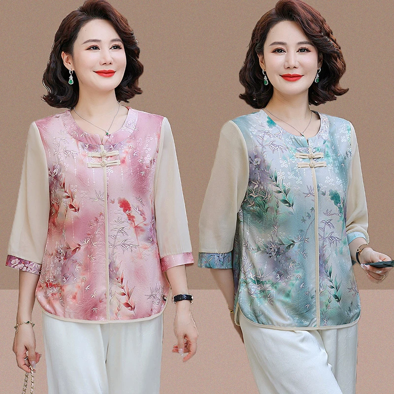 【熊夫人】中老年妈妈夏季雪纺上衣时尚透气显瘦七分袖小衫宽松T恤