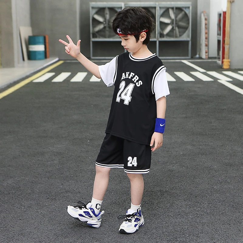 篮球服套装男童球服女夏季短袖假两件训练班服速干科比儿童男球衣