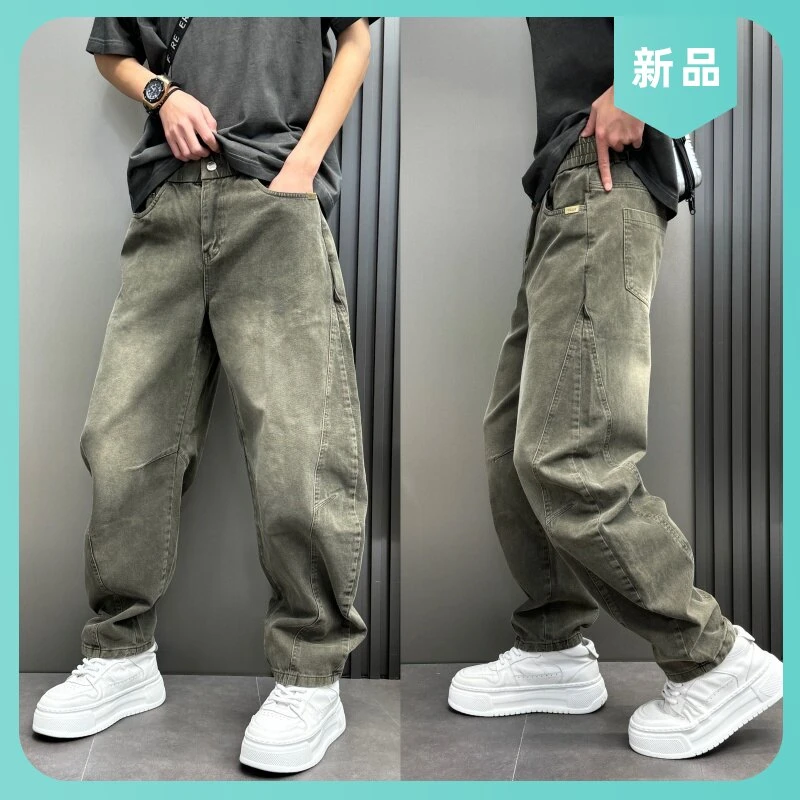 复古阔腿秋冬弯刀牛仔水洗中腰美式2025纯男士美式泼墨弯刀牛仔裤