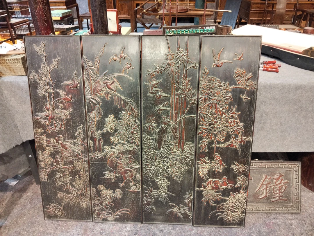 紫檀 花开富贵 竹报平安四扇屏