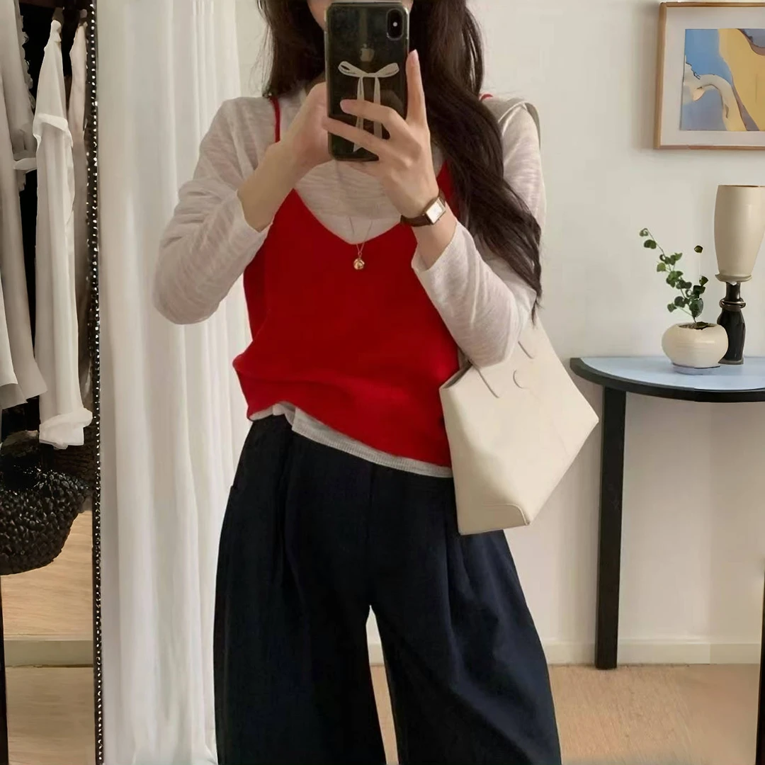 春季韩系针织两件套吊带背心女2025叠穿内搭显瘦薄款V领马甲上衣