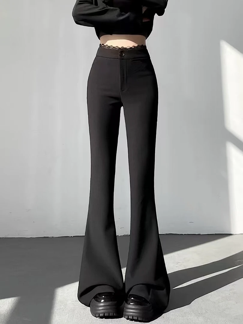 蕾丝边微喇西装裤高级感垂感黑色喇叭裤女高腰显瘦小黑裤2025新款