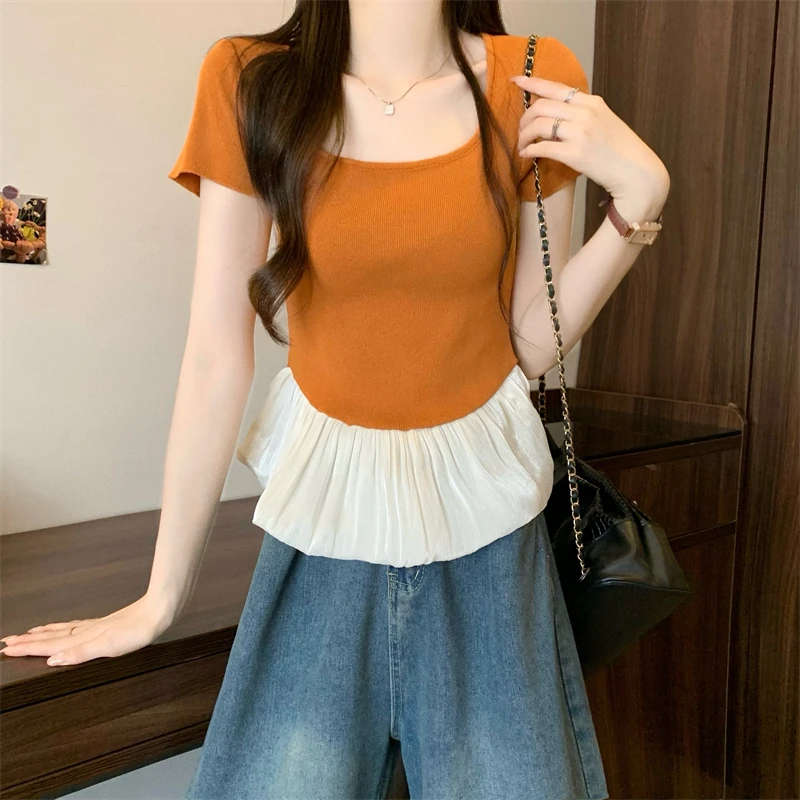 大码胖mm法式撞色荷叶边正肩t恤女夏季芭蕾风显瘦短袖洋气衣服女