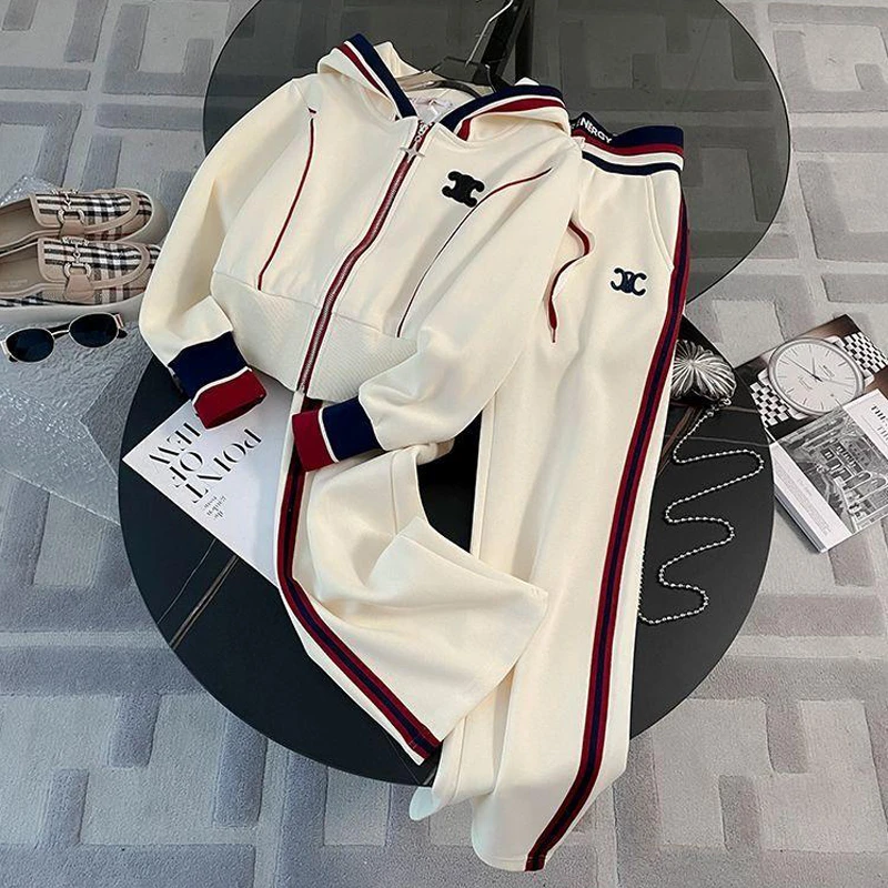 时尚休闲套装女2025秋冬新款连帽拉链拼色设计感时尚休闲洋气套装