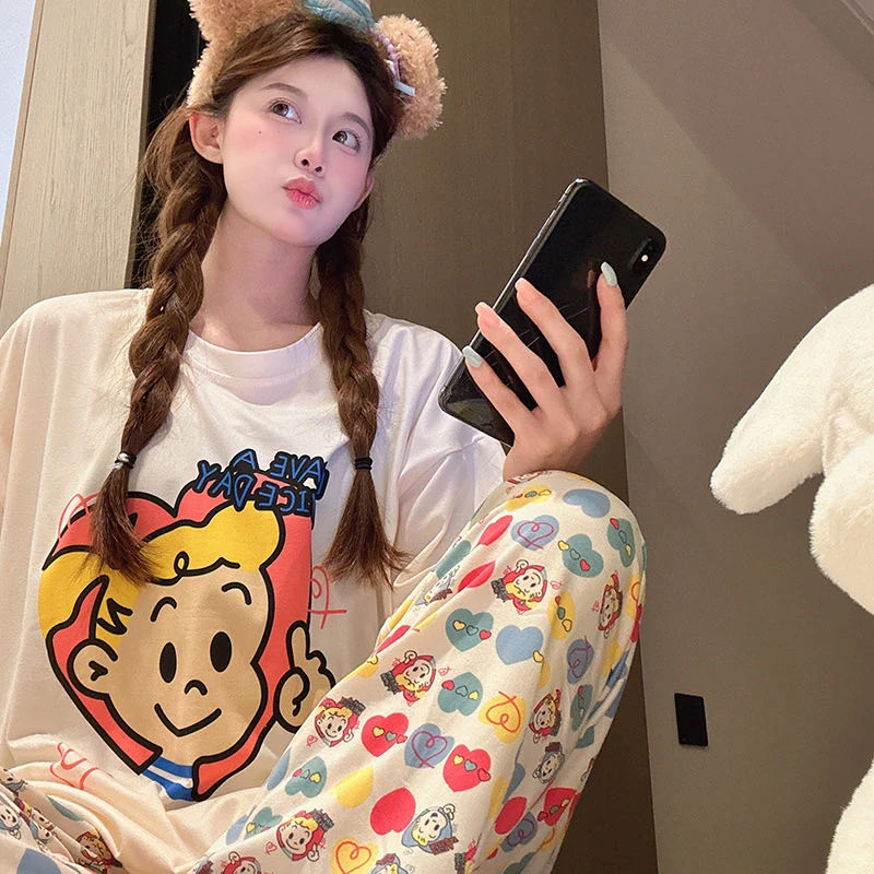 满印mikko睡衣女2025新款可爱短袖长裤三件套云朵棉纱家居服卡