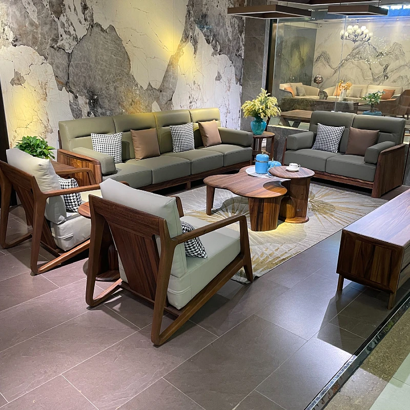 新中式实木真皮沙发组合北美黑胡桃客厅现代简约直排沙发家具定制