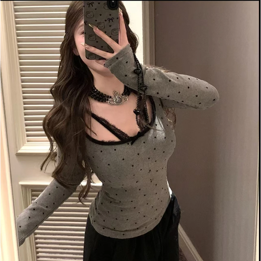 纯欲辣妹风显瘦上衣女秋冬设计感蝴蝶结波点长袖T恤女内搭打底衫