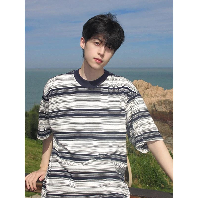 男装藏青色日系条纹短袖男夏季薄款痞帅感恤小领口半袖