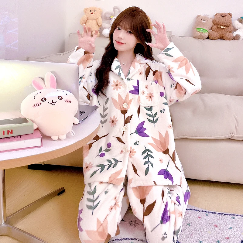 新款花朵秋冬睡衣女士可外穿加厚家居服套装冬季新款保暖长袖