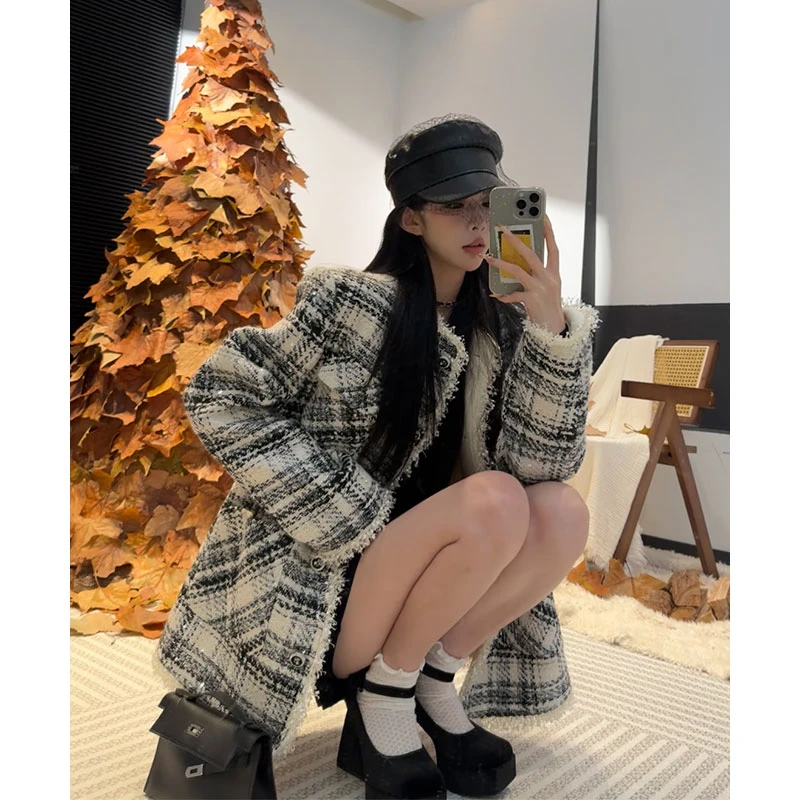孙妍圣诞新款【伊兹格纹】设计感复古小香编织格纹外套女2024冬款
