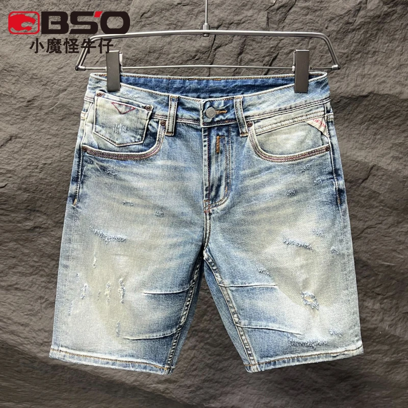 小魔怪2025夏季新款美式休闲牛仔短裤男复古直筒中裤破洞五分裤子