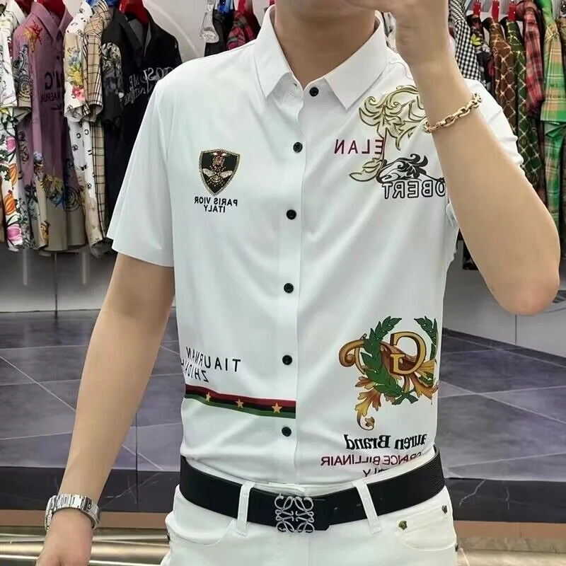 欧洲站蜜蜂烫钻短袖衬衫男装夏季新款时尚潮流修身百搭半袖衬衣男