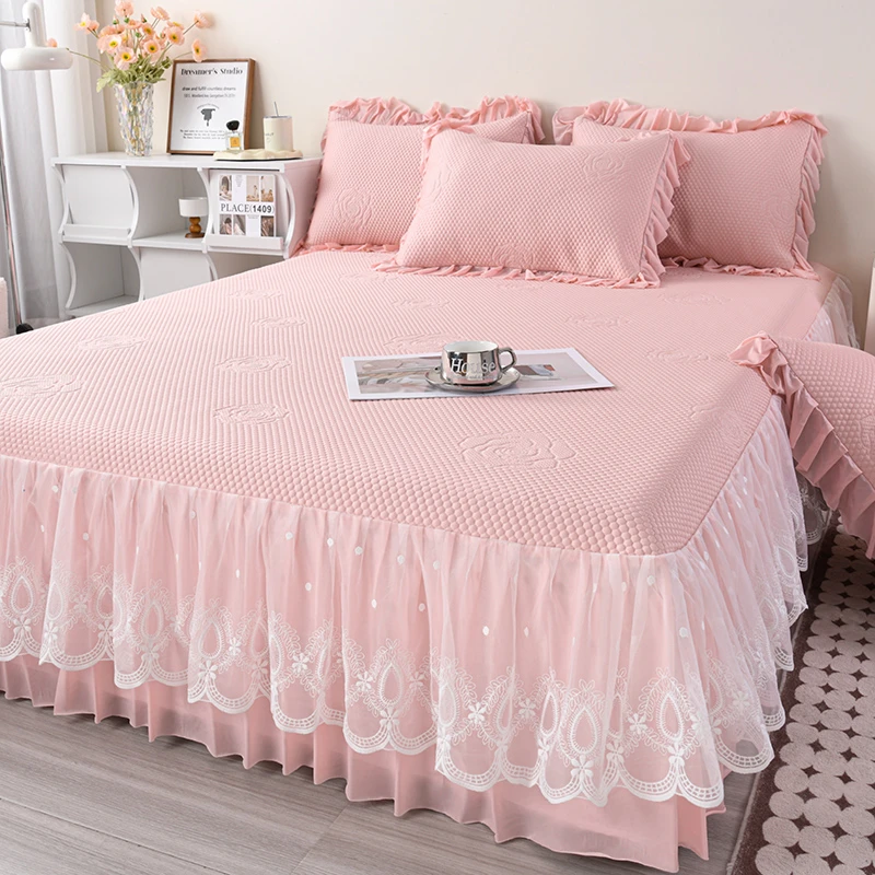 夏季A类PE冰豆豆凉感丝加厚高分子床裙款软凉席三件套