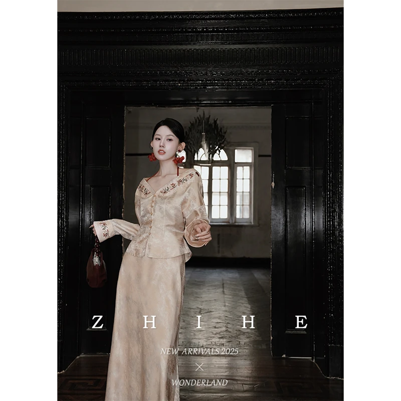 无艳一禾【绾金罗】囍嫁系列 新中式千金人丝提花刺绣收腰外套+半裙