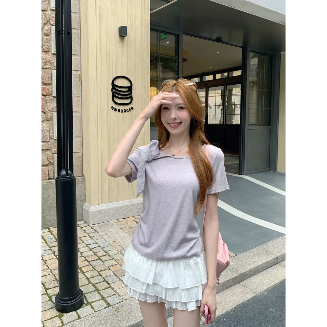 斜领露肩系带蝴蝶结短袖T恤女2025夏褶皱气质收腰不规则显瘦上衣