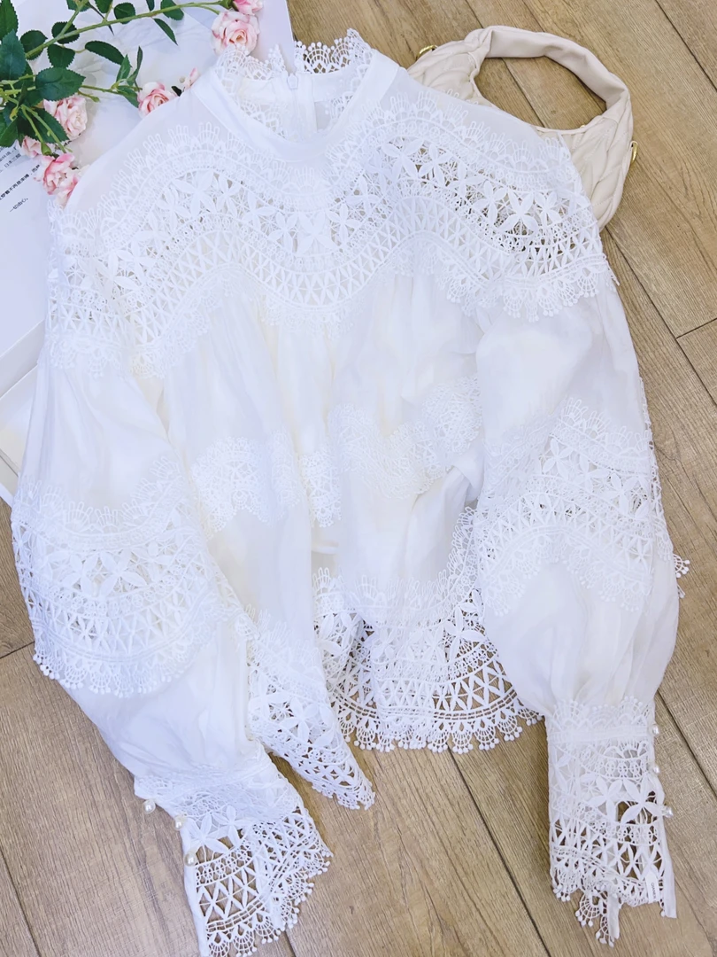 丨夏季新款圆领通勤蕾丝镂空刺绣防晒长袖衬衫 0274