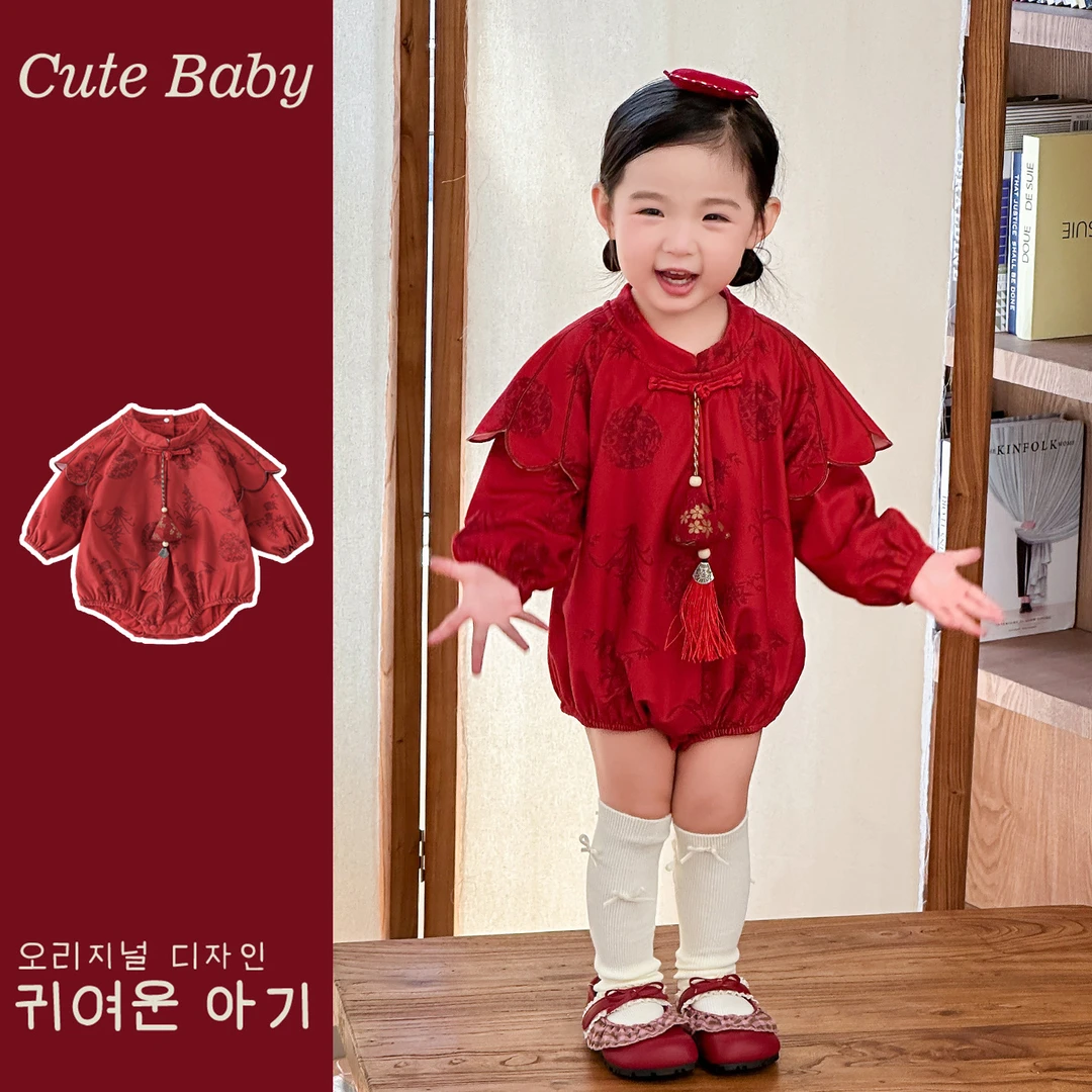 婴幼儿女宝宝周岁礼服衣服春秋装连体衣新生儿满月百天哈衣外出服