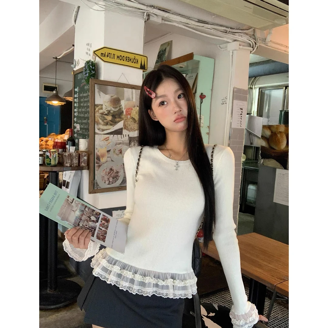【全额运补】纯欲蕾丝拼接上衣女显瘦打底衫+修身款圆领波点长袖
