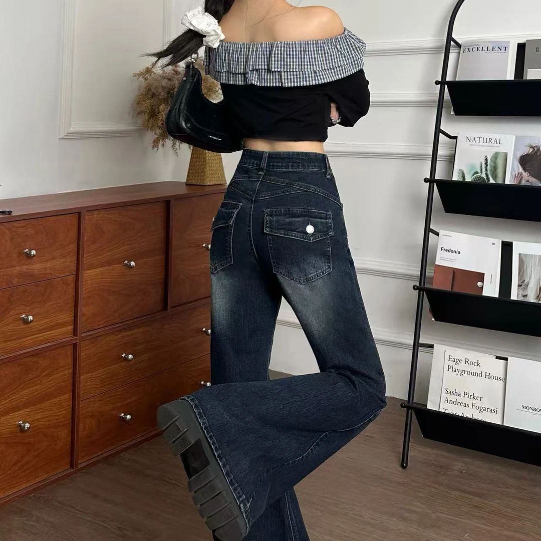 蓝灰色高腰弹力修身微喇叭牛仔裤女经典2025高品质早秋新款显瘦