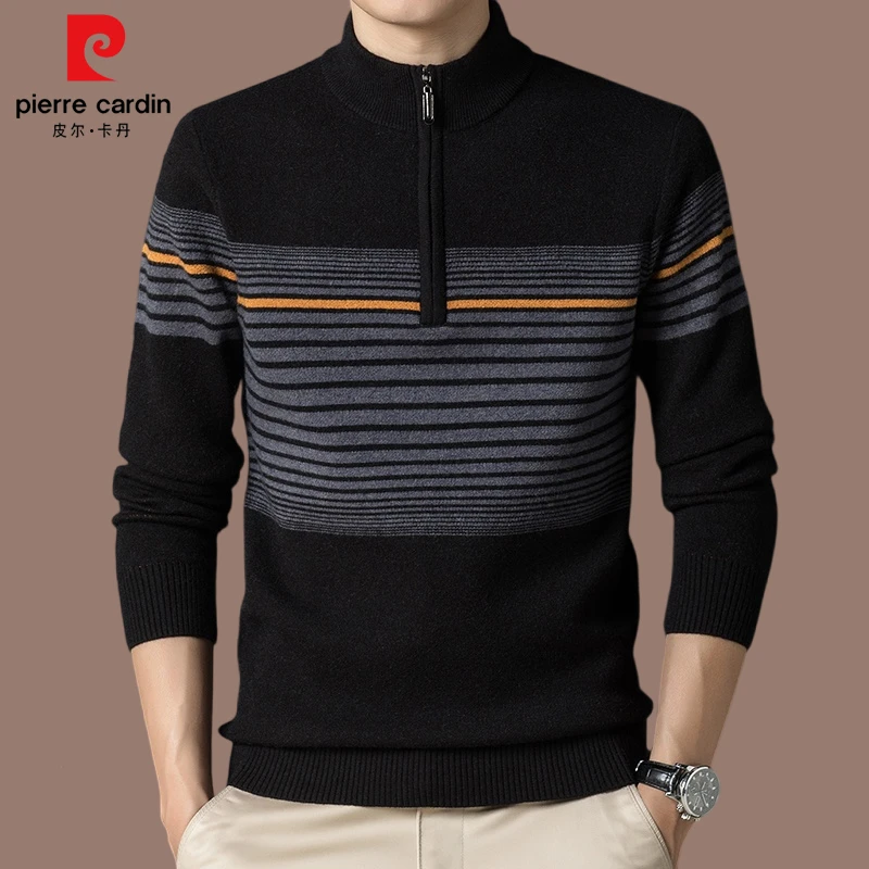 皮尔卡丹秋冬季羊毛衫男中年半高领拉链时尚针织衫加厚保暖毛衣服