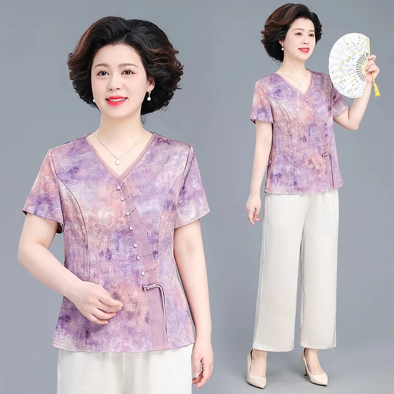 妈妈套装夏季新中式国风小衫2025新款中老年女夏装V领短袖两件套